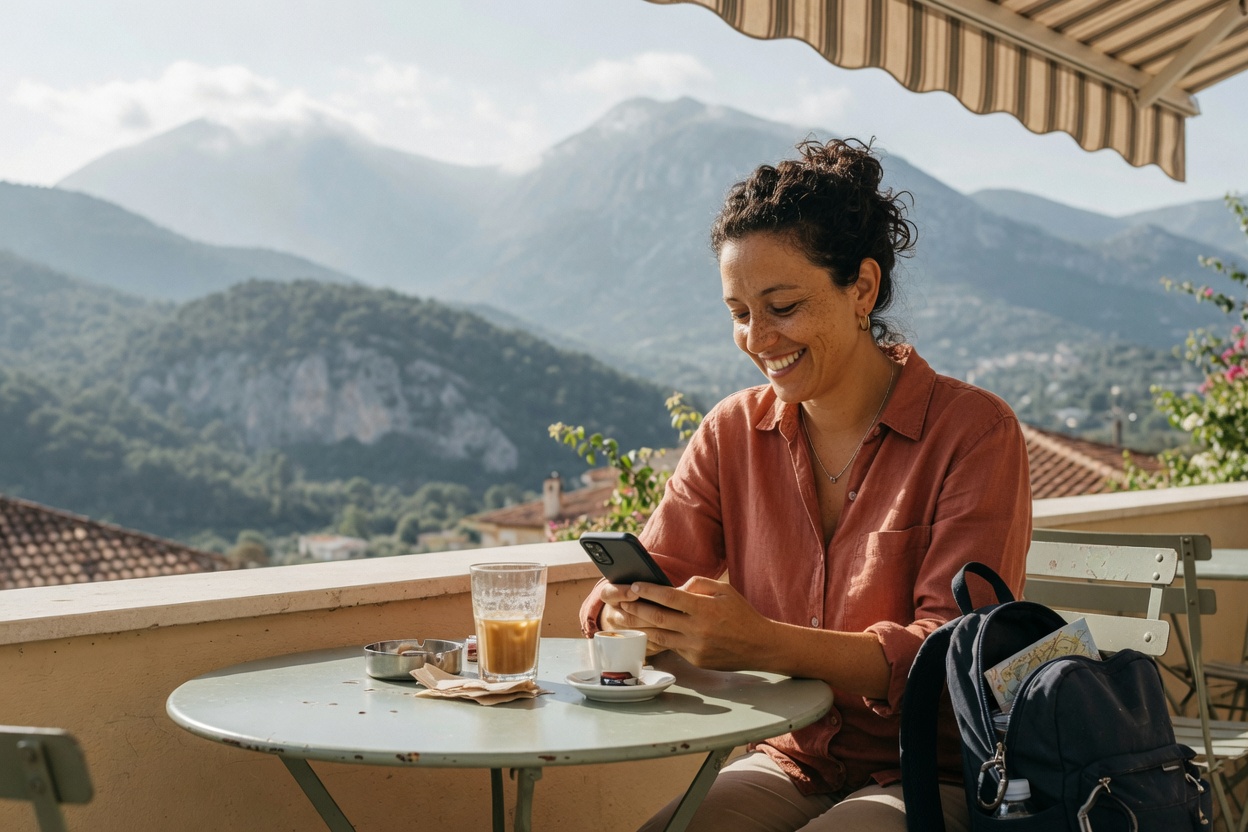 A traveler booking on a phone