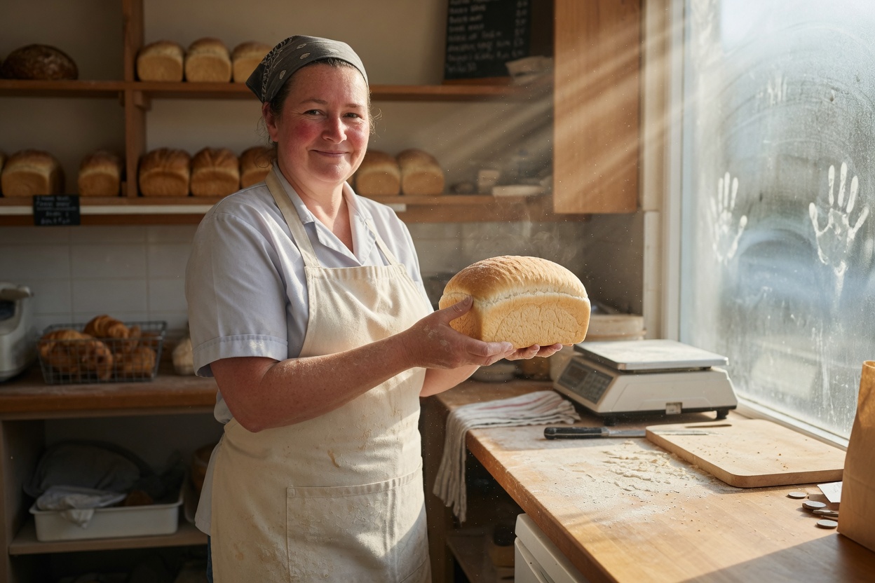 A baker holding a white loaf